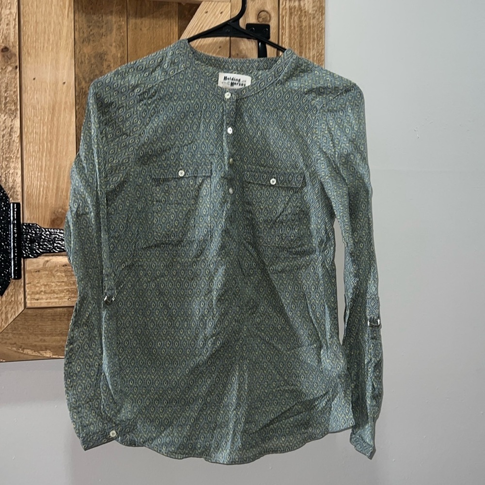 Anthropologie- Holding Horses Green Multi Diamond Print Woven Shirt Size 0 #20